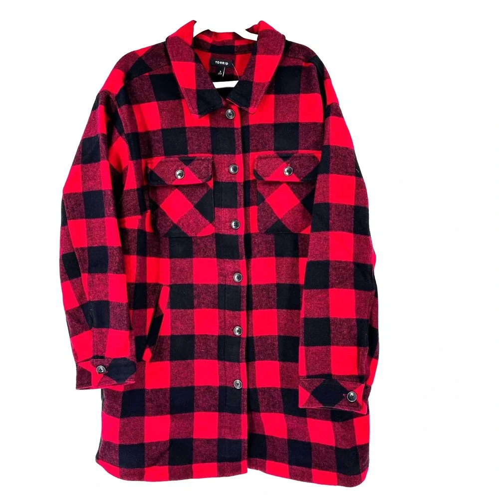 NEW Torrid Brushed Twill Buffalo Plaid Shacket Women's‎ 3X Red Long Line Landman